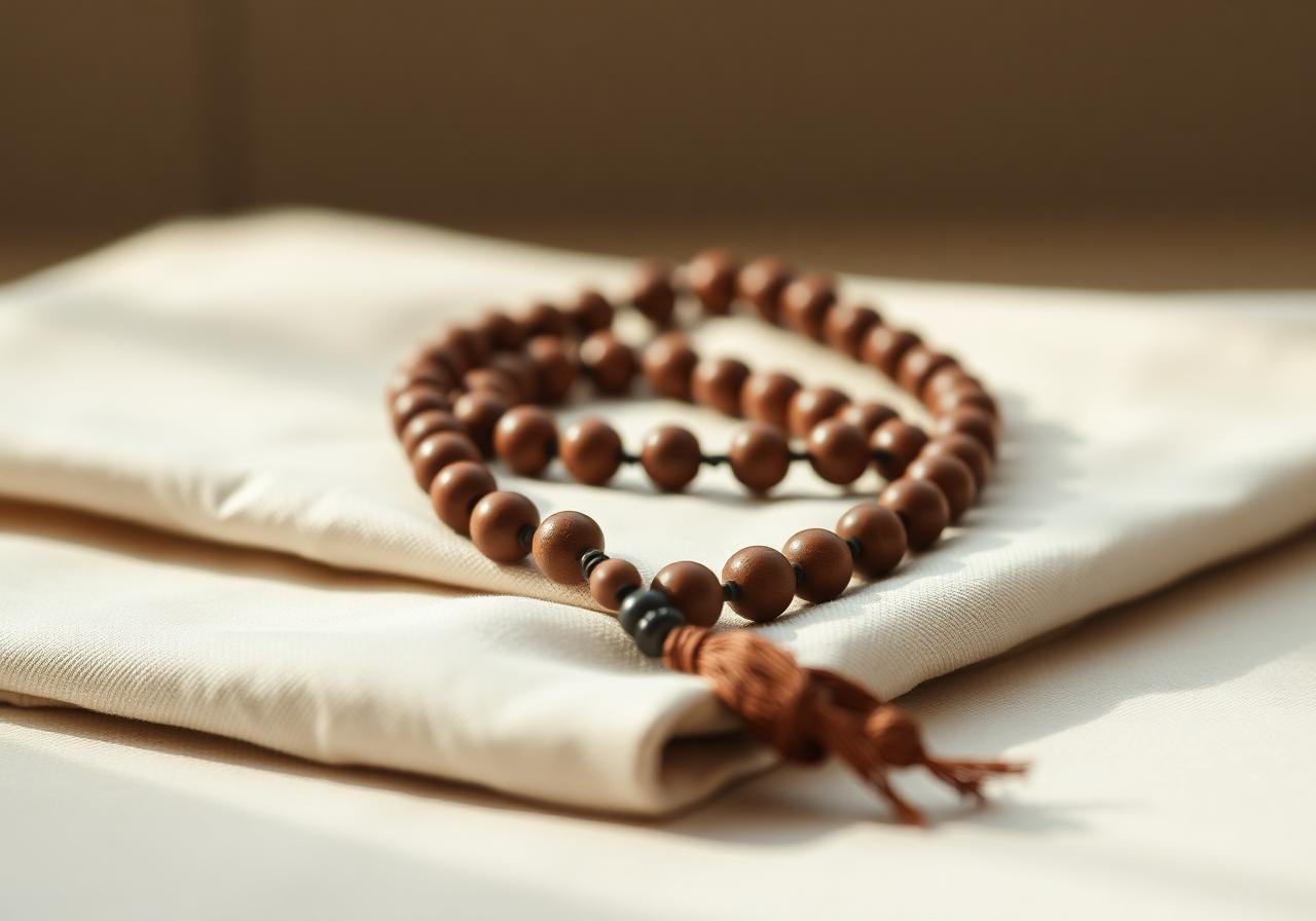 Wooden prayer beads resting on cream cloth.